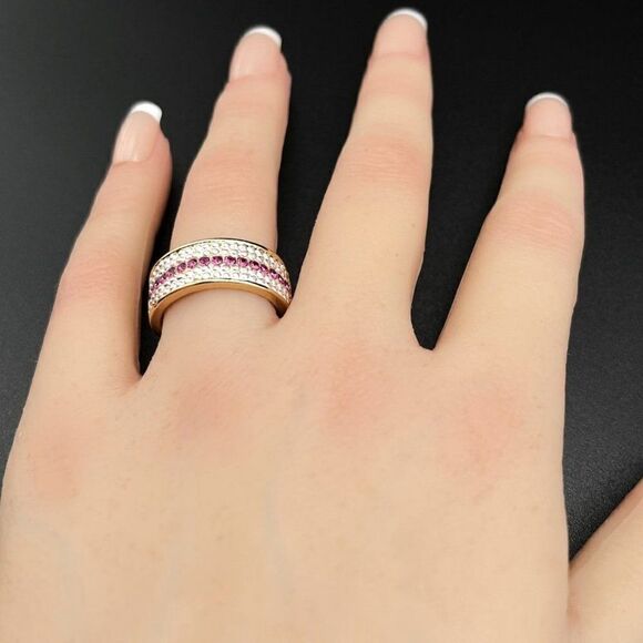 Yellow Gold with Pink Sapphire Crystal Milgrain Band Ring Size 11 - Picture 8 of 9